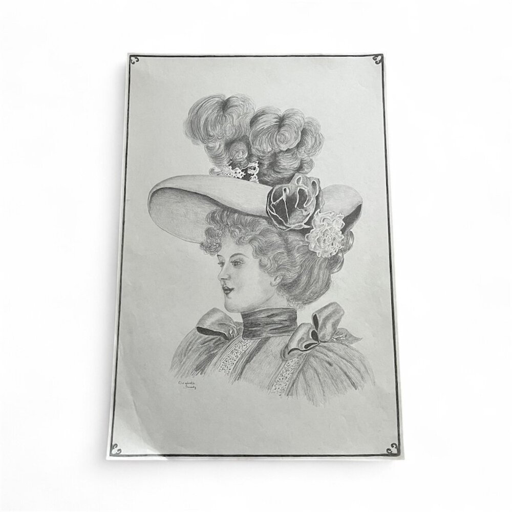 Victorian Woman Portrait Hat Graphite Pencil Paper Signed Elizabeth Dowdy 2002
